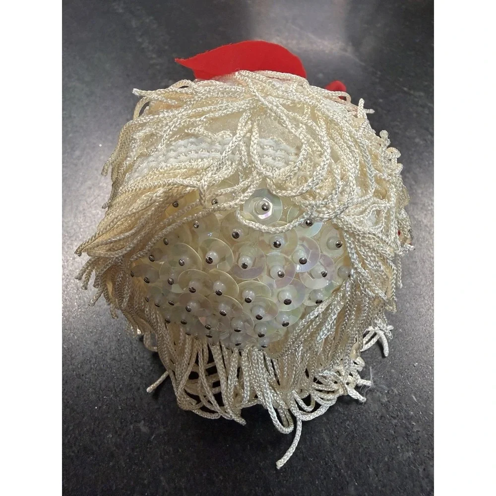 Vtg Handmade Christmas Angel Ornament Poinsettia Sequins Yarn Hair Gold Wings 6